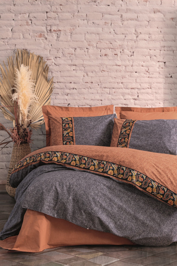 Lenjerie de Pat Brodat Satin Ranforce Teracota